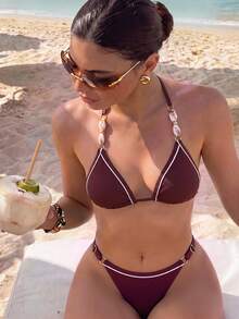Bikinx Set Bikini Wanita Model Halter Neck dengan Tali Belakang, Dihiasi Manik-Manik, Cocok untuk Liburan di Pantai - MultiWarna - View 11