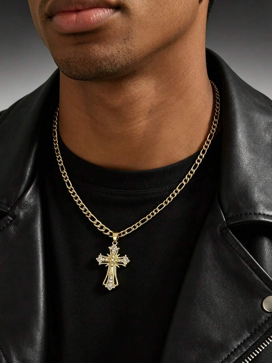 1pc Men's Personalized Jesus Zirconia Cross Pendant Necklace, Eye-Catching Shiny Jewelry For Street Fashion Occasions, Suitable For Daily Commute Outfits And Easter Worship - Yellow Gold - View 1