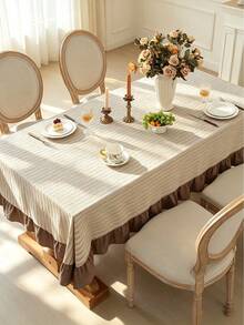 1pc Faux Linen Tablecloth With Scalloped Lace Trim, Polyester Fabric, Botanical Pattern, Rectangular/Square Tablecloth For Dining Room And Living Room Table Decor - Multicolor - View 8