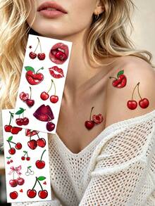 2 Sheets 3D Cherry & Red Lips Temporary Tattoo Stickers, Stereo 3D Cherry And Red Lips Creative Pattern Fake Tattoos, Waterproof Sweatproof Easy To Apply, Ideal For Women For Daily, Dating And Party - Multicolor - View 6