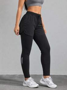 AODSR Women's Black 2-In-1 Layered Running Shorts With Full-Length Leggings, Drawstring Elastic Waist And Reflective Print - Black - View 8