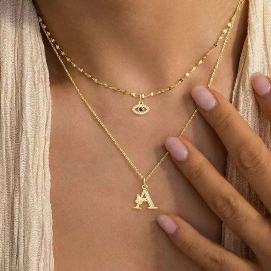 2件組新款眼睛蝴蝶字母吊墜金色不鏽鋼唇鏈層次項鍊女款 - 金色蝴蝶字母 - 查看 1