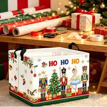 1pc Christmas Nutcracker HO HO HO Print Storage Basket With Handle, Collapsible Rectangular Fabric Storage Bin, Home Decor Organizer For Bedroom Closet, Foldable Holiday Storage Tote, Xmas Decor, Great For Storing Toys Clothes Blankets - Pink - View 5