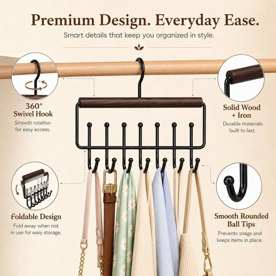 1/2pcs Multi-Function Solid Wood Storage Rack With 16 Rotatable Non-Slip Solid Wood Hooks, Pull-Out Closet Organizer, Suitable For Clothes, Hats, Underwear, Tank Tops, Belts And Ties, Space-Saving For Home And Dorm Wardrobe - View 1