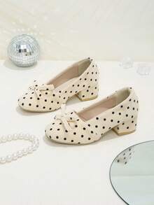 Girls' Gentle & Playful Black Polka Dot Bow Apricot High Heel Pumps, Square Toe Shallow Cut Design, Suitable For Birthday Parties, Spring/Autumn Outfits - Apricot - View 4