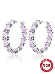 These Minimalist And Elegant 925 Sterling Silver Earrings, Featuring Cubic Zirconia Gemstones In A Geometric Square Design, Are Perfect For Wearing At Banquets, Weddings, And Parties. - Pink - View 11