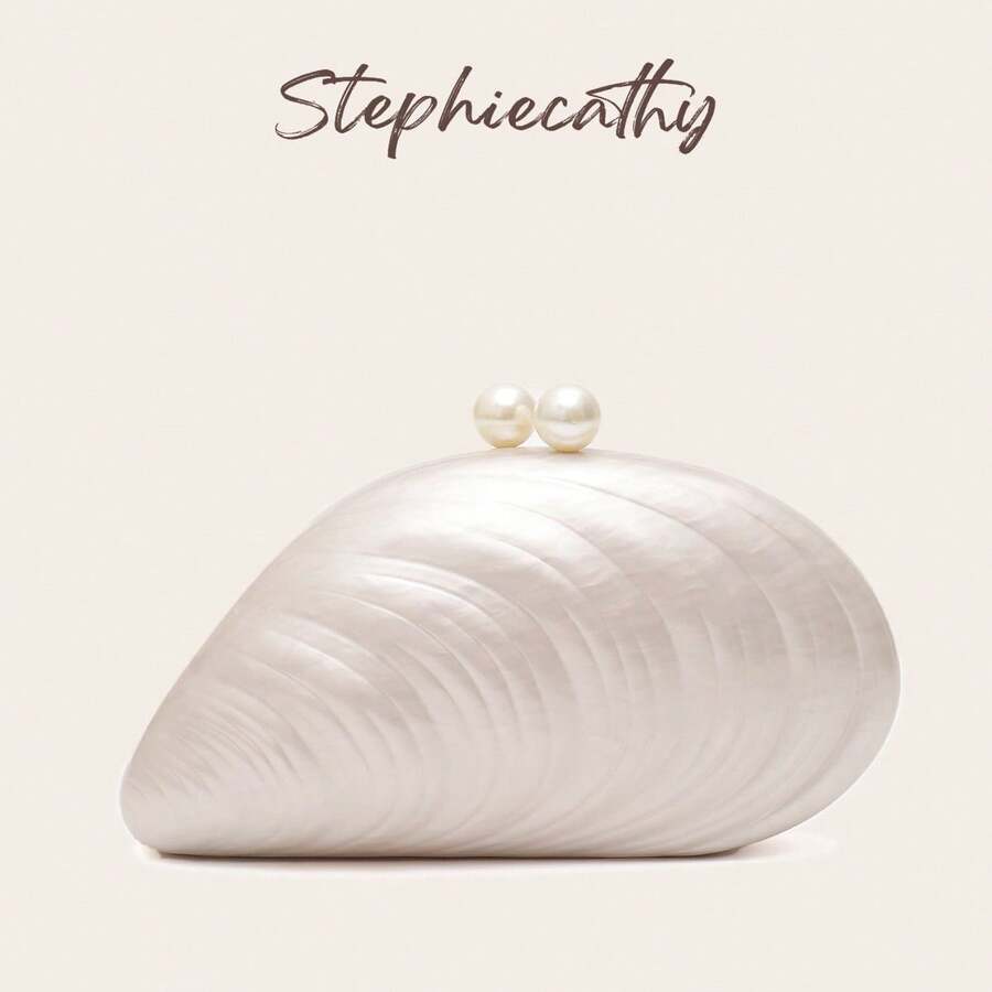 STEPHIECATHY 女款時尚奢華優雅壓克力手拿包，磁吸開合，貝殼造型長鏈手提包，適合婚禮、晚餐、派對、舞會與宴會的晚宴包 - 米色 - 查看 1