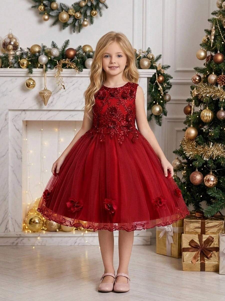 Girls' Solid Color Mesh & Satin 3D Floral Puff Dress, Elegant Birthday Party Dress, Suitable For Prom, Headband Not Included