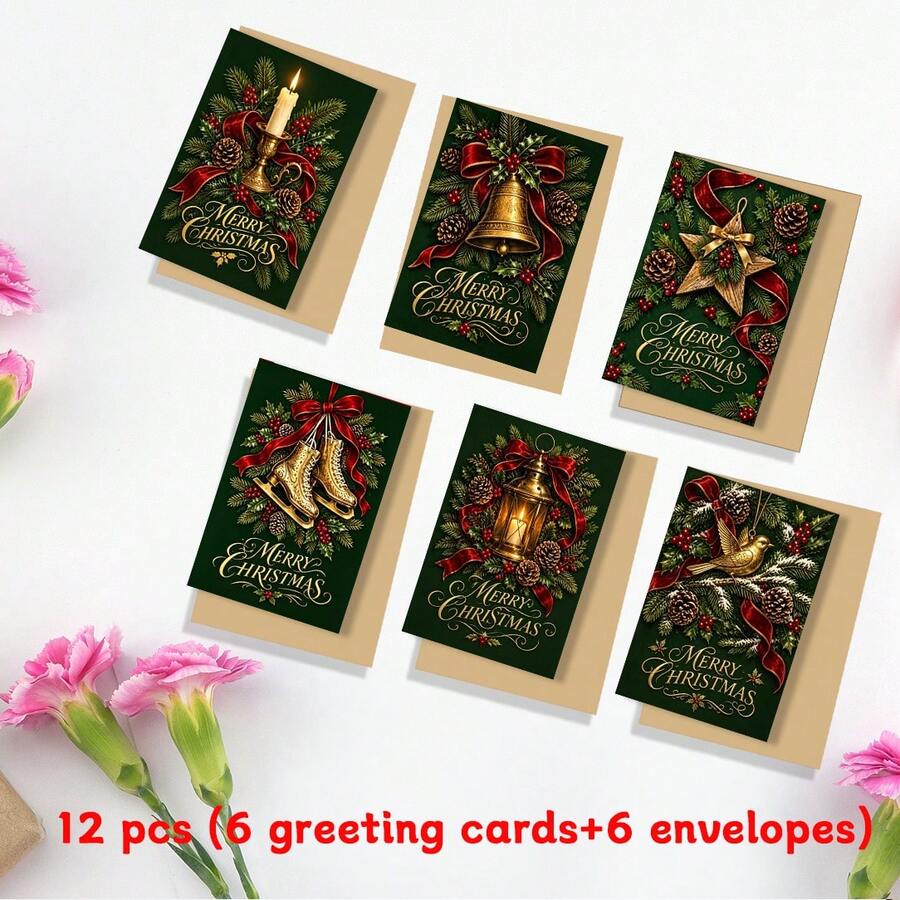 12pcs Christmas Greeting Cards With Envelopes, 6 Styles Deep Green Vintage Christmas Candle Bell Skating Lantern Pattern Holiday Note Cards, Merry Christmas Blank Cards, Suitable For Seasonal Greetings And Party Invitations - Multicolor - View 1