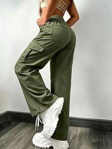 Women's Army Green High Waist Multi-Pocket Cargo Pants, Lightweight Wide Leg Casual Loose Long Pants - Army Green - View 3