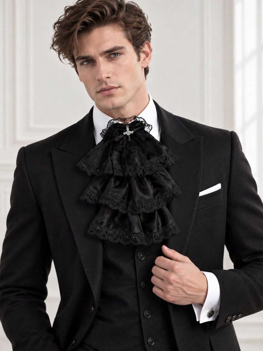 1pc British Style 3-Layer Satin Lace Cross Necklace Collar, Formal Party Cultural Shirt Fake Collar - Multicolor - View 1
