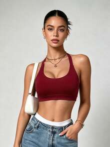 Women's Red Halter Neck Backless Sports Bra, Minimalist Versatile Design Suitable For Daily Yoga, Fitness, Running - Red - View 3