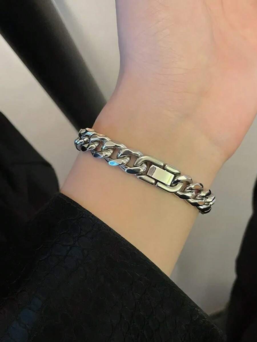 1pc Men's Cuban Link Bracelet, European And American Ins Style Thick Chain Bracelet With Jewelry Clasp, Polished Punk Hand Accessory - Silver - View 1