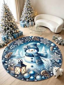 1pc Blue Snowman Lantern Round Christmas Rug, Decorative Carpet, Bedroom Decor, Small Rug, Carpet, Home Decor, Living Room Rug, Living Room Small Rug, Bedroom Rug, Living Room Home Decor - Multicolor - View 2
