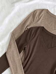 2pcs Women's Long Sleeve V-Neck Knitted T-Shirt, Regular Fit, Slightly Elastic Top, Suitable For Autumn/Winter - Light Brown + Dark Brown - View 3