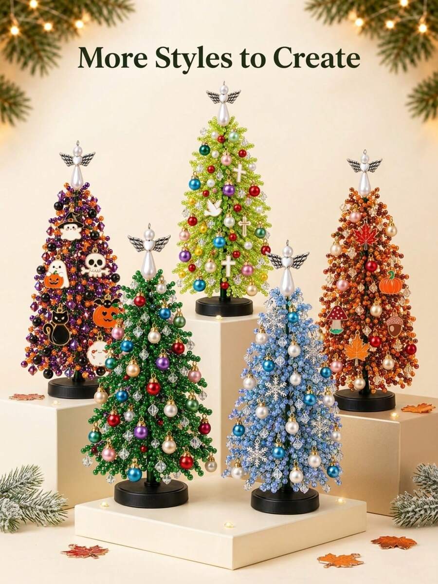 1Set DIY Beaded Christmas Tree Kit For Adults With Angel Topper, Colorful Beads And Hanging Charms, 3D Tabletop Craft, Christmas Home Decor For Desk, Shelf And Mantel Display, Handmade Holiday Centerpiece And Creative Gift For Craft Lovers