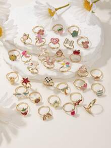 32pcs Colorful Cute Sweetheart 3D Animal Fashion Ring Set, Bulk Series Open Adjustable Size Design, Daily Wear & Holiday Jewelry Outfit, Mixed Style Combination Pack, Unisex - 1.5cm Adjustable - View 1