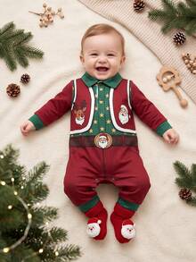 Christmas Santa & Reindeer Print Baby Long Sleeve Romper, Red & Green Colorblock Faux Belt Holiday Infant Long Crawler - Multicolor - View 1