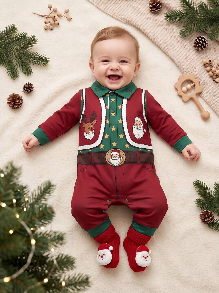 Christmas Santa & Reindeer Print Baby Long Sleeve Romper, Red & Green Colorblock Faux Belt Holiday Infant Long Crawler - Multicolor - View 1