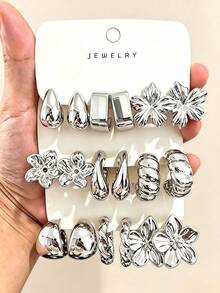 6/18pcs Luxury Shiny Silver Flower Stud Earrings Set, Versatile Daily Wear Multi-Style Ear Jewelry - Multicolor - View 6