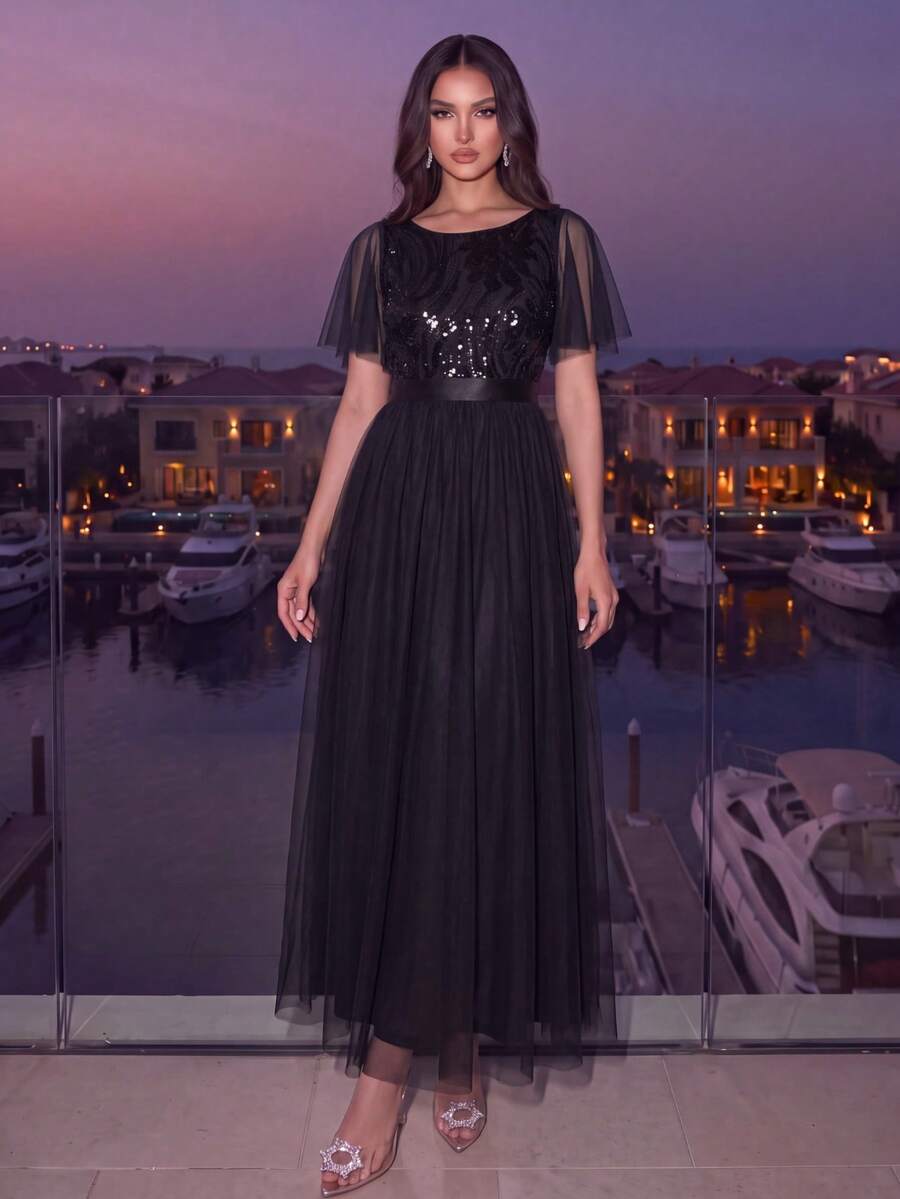 EVERPRETTY Elegant Luxury Heavy Embroidery Sequin Mesh Patchwork Ruffle Sleeve A-Line Black Formal Evening Gown Suitable For Evening Party Wedding Guest