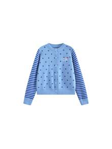 American Style Polka Dot & Striped Knit Cardigan Sweater, Unisex Casual Versatile Short Jacket For Spring/Autumn (Random Polka Dot) - Blue - View 10
