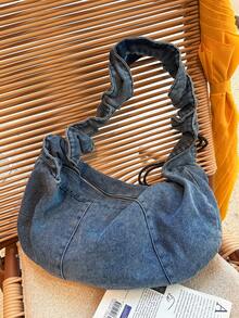 1pc Ruched Strap Washed Blue Denim Fabric Large Capacity Zipper Closure Casual Vintage Shoulder Crossbody Bag For Women Daily Commute - A - View 13