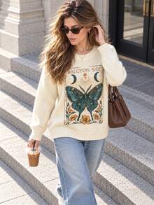 Women's Pullover Sweater, Elegant Butterfly And Floral Print, Long Sleeve Ribbed Knit Top, Medium Stretch, Suitable For Autumn/Winter Wear - Apricot - View 3