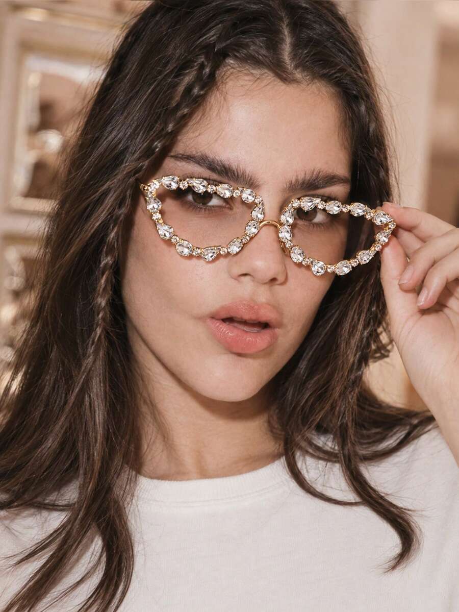 1pc Half-Moon Shaped Lensless Decorative Glasses, Fully Embellished With Teardrop Rhinestones, Rimless Face Accessory, Fashionable Party Ball Birthday Photo Shoot Accessory For Women - Rhinestones - View 1