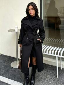 DEEKA 秋冬新款女款歐美風時尚經典雙排扣羊毛風衣附腰帶 - 黑1 - 查看 2