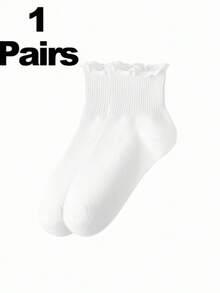 1/3/6 Pairs Sweet Girl Style Frill Trim Mid-Calf Socks, Black & White Solid Color Basic Lolita Matching Socks, Soft & Breathable Commuter Socks - Black and White - View 16