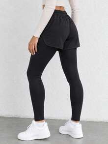 Women's 2-In-1 Sports Leggings With Shorts Layer, High Waist Drawstring, Black Full Length Active Pants. - Black - View 10