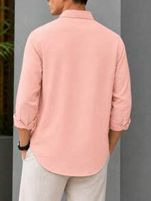 Men's Slim-Fit Casual Long-Sleeve Button-Up Shirt - Soft Textured Cotton-Linen Blend Breathable Shirt For Modern Smart-Casual & Everyday Wear - Pink - View 3