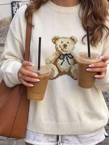Women's Cute Teddy Bear Knit Pullover Sweater, Loose Long Sleeve, Preppy Style Comfortable Versatile Top - Apricot - View 2