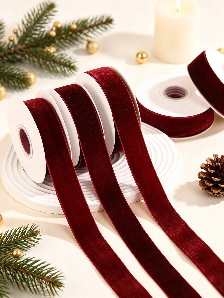 Luxurious Burgundy Velvet Ribbon, Vintage Deep Ribbon, Burgundy Velvet Ribbon For Christmas Tree, Perfect For Home Decor, Room Decor, Wedding, Birthday, Gift Wrapping, DIY Crafting, Christmas Decorations, Christmas Gifts - Multicolor - View 1