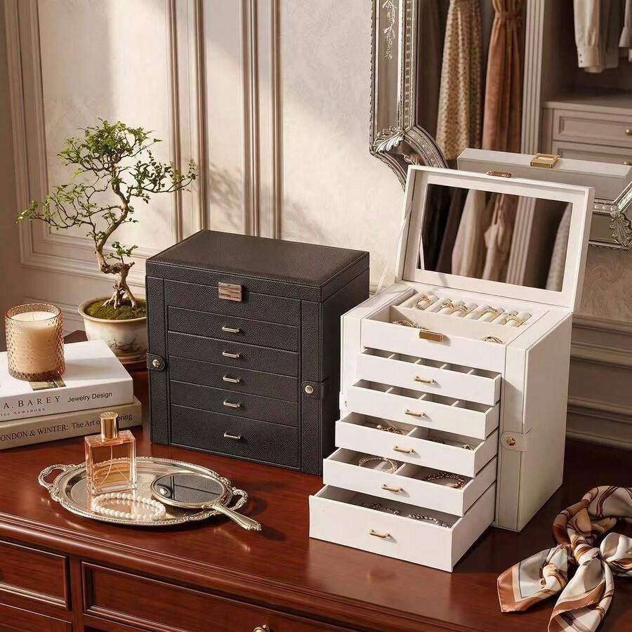 KYPHIREL SONGMICS 6-Layer/5-Layer Jewelry Storage Box With 5 Drawers, Large Capacity, With Mirror, Lockable, Jewelry Organizer Box, Gift For Loved Ones, Suitable For Earrings, Rings, Necklaces, Watches, White, Black, Gray