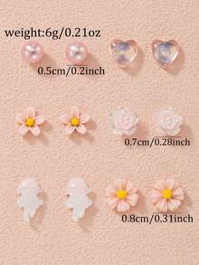 6 Pairs Women's Stud Earrings With Fresh Floral, Heart And Jellyfish Patterns, Suitable For Daily Casual Wear And Holiday Gifts - Baby Pink - View 7