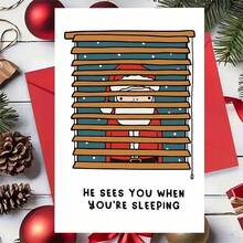 OBOVAY 1 Greeting Card + 1 Envelope Funny Christmas Greeting Card, Santa Peeking Through Blinds "He Sees You When You Are Sleeping", Perfect For Friends, Winter Holiday Minimalist Cartoon Style Greeting Card. - View 2