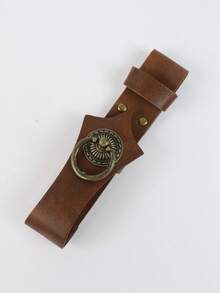 Vintage PU Leather Belt Fan Holster, Medieval Bronze Metal Ring Decorated Fan Storage Sleeve, Halloween LARP Renaissance Costume Prop - A - View 3