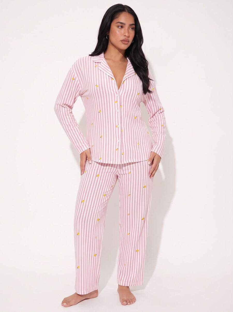 2pcs Set Piyama Wanita Longgar Nyaman Bernapas Atasan Lengan Panjang dan Celana Panjang