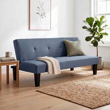 Sofá Cama Reclinable Plegable de 3 Plazas Color Azul 167x45x76.5 cm| Sofá Convertible Tapizado en Tela con Botones| Patas de Madera Negras sin Brazos| para Sala Estar Recámara y Espacios Reducidos| Fácil de Armar - Azul - Ver 8