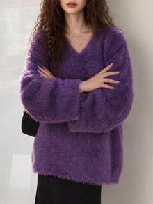Women's Purple Casual Lazy Fluffy Knit Pullover Sweater, Long Sleeve, Comfortable & Warm, Regular Fit, Suitable For Winter Wear - Purple - View 4