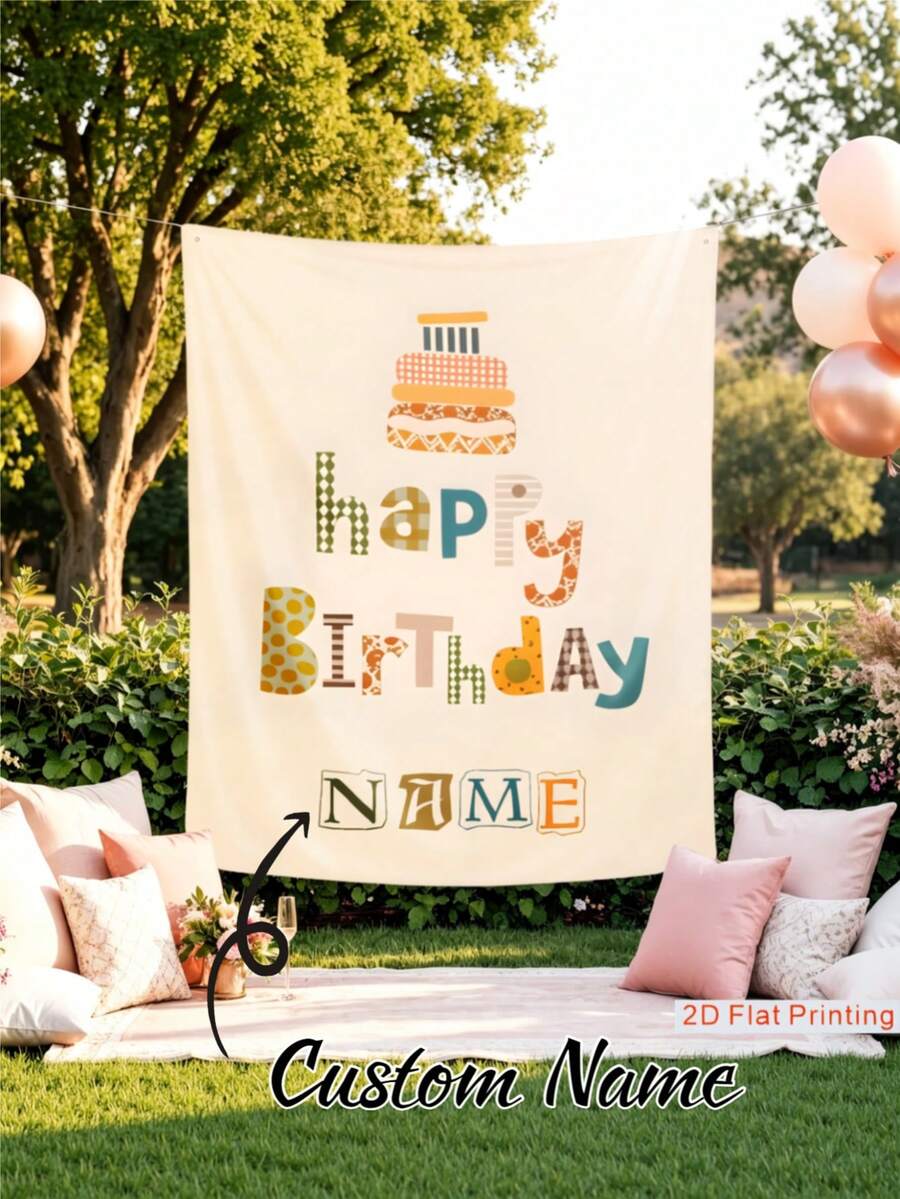 Customizable Name Bohemian Style Happy Birthday Backdrop, Personalized Birthday Wall Decor, Baby Shower, Baptism, Gender Reveal, Holiday Party Cake Smash Background Decoration Photography Banner, Polyester Material - G - View 1