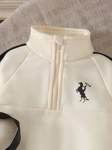 2pcs Baby Boy Casual Stand Collar Printed Sweatshirt & Long Pants With Bag Set, Thin Spring/Autumn Sports Style - Apricot - View 7