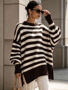 Women's Plus Size Striped Design Loose Casual Elegant Unique Long Top, Autumn/Winter Matching With Beautiful Sweater - Coffee Brown - View 3