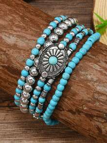 5pcs/Set Cowgirl Style Vintage Turquoise Floral Beaded Bracelet Set, Suitable For Women Or Men Daily Wear - Multicolor - View 3