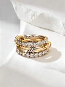 1pc Luxury Fashion Hip-Hop Personalized Gold-Plated Buckle Full Cubic Zirconia Stacked Linked Finger Ring, Suitable For Women's Daily Commute And Party Holiday Wear - Three-layer Stacked Rings - View 6