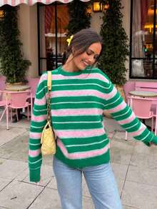 Women's Knitted Sweater, Autumn/Winter Fashion New Style, Minimalist Casual Versatile Loungewear, Round Neck Retro Striped Color Block Loose Fit - Green - View 3