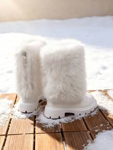 Girls White Tall Snow Boots, Faux Fur Trim, PU Leather, Thick Serrated Sole Winter Snow Boots - White - View 6