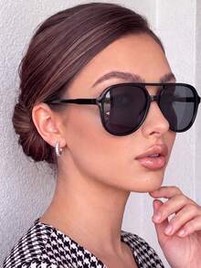 1 Pair Unisex Black Double Bridge Aviator Fashion Fashion Glasses, Classic Oversized Frame Design, Lightweight And Comfortable For Daily Wear, Suitable For Street Style, Travel, Sports, Driving, Festivals, Outdoor Activities - Black Frame - View 6